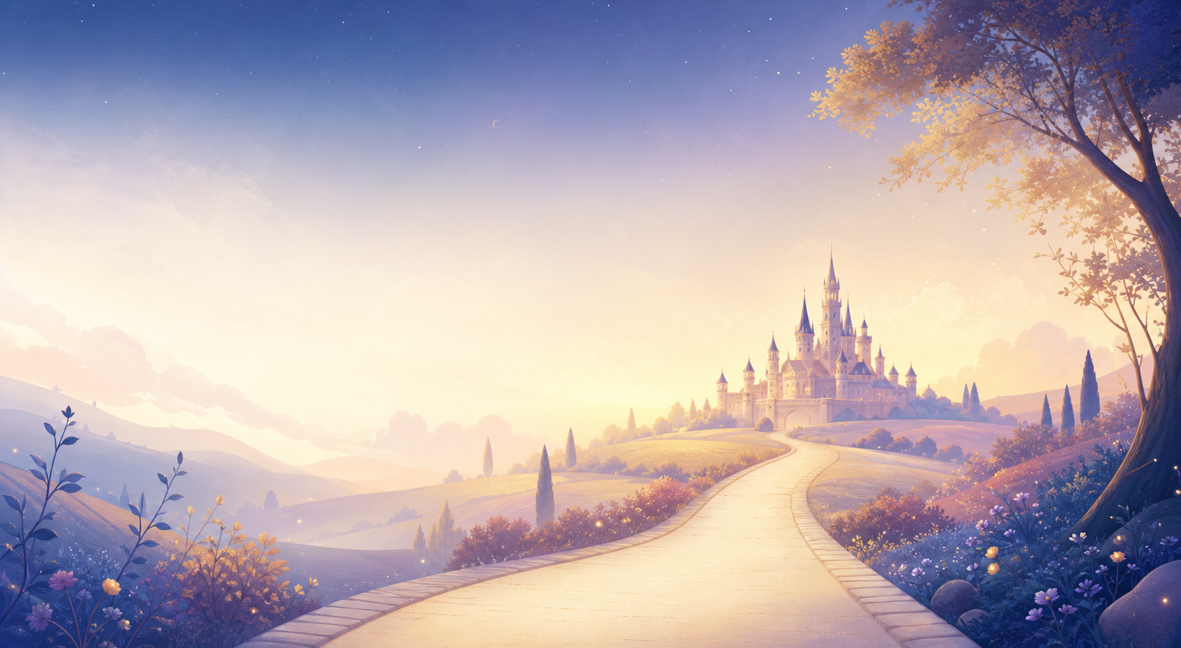 A luminous pathway leading toward a storybook castle at sunrise